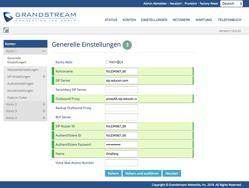 Kontoeinstellungen Grandstream GXP2100