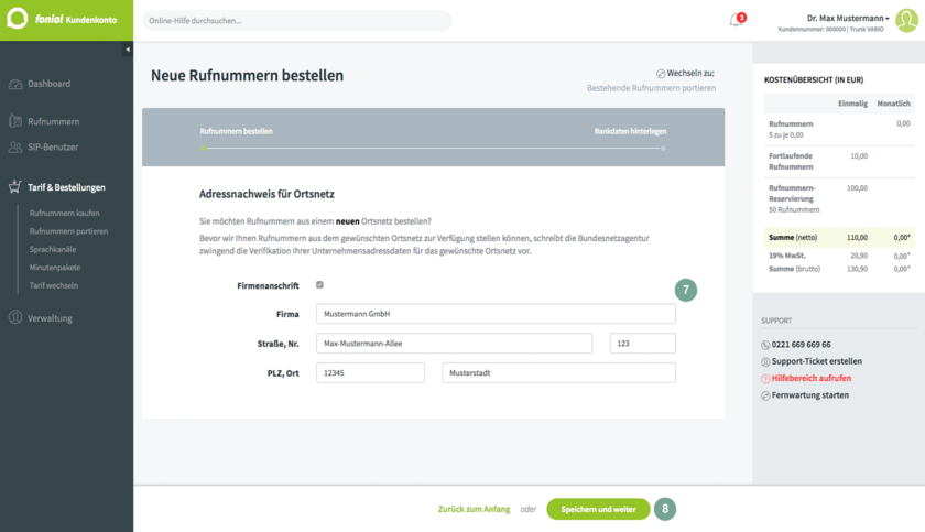 Adresseingabe Rufnummernbestellung