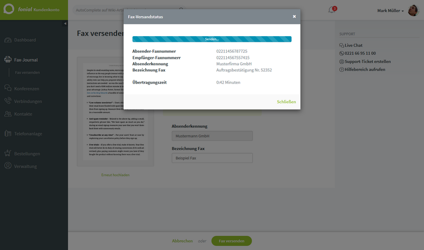 Funktionen Fax-Journal Fax Versandstatus