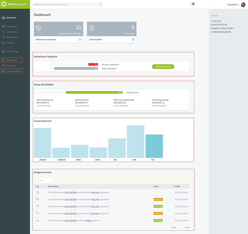 fonial Kundenkonto Dashboard Administrator-Konto 