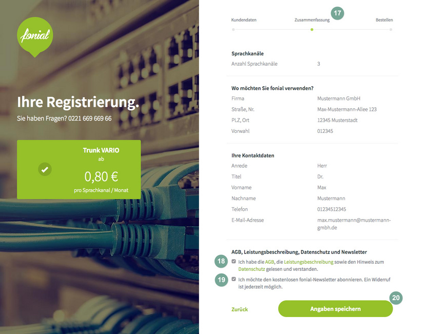 fonial Registrierung Zusammenfassung Daten