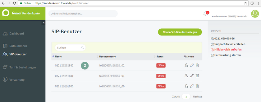 SIP Benutzer fonial Trunking