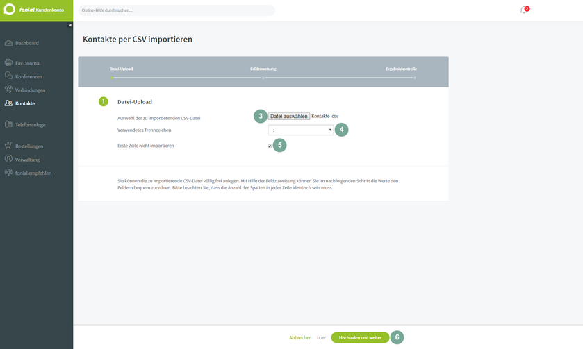 Einstellungen des CSV imports