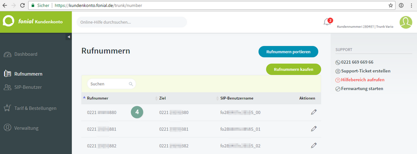 Rufnummernübersicht SIP-Trunking