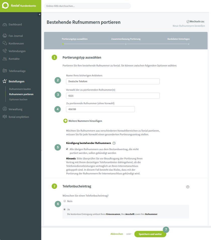 Rufnummern portieren Schritt 2-7