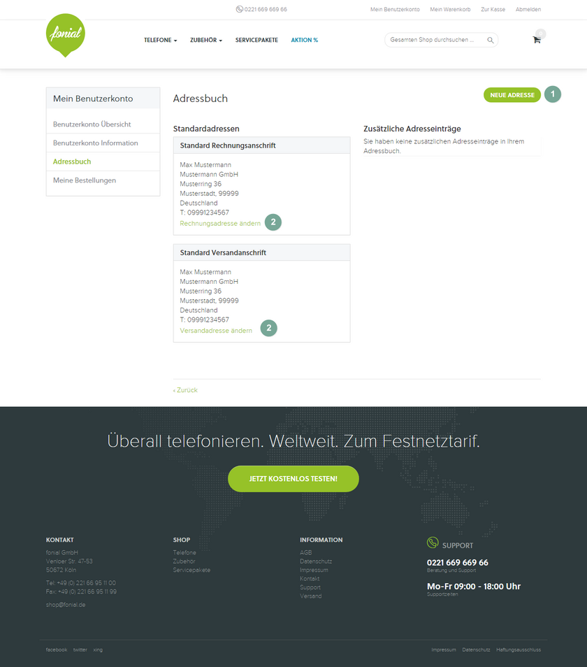 fonial Shop Benutzerkonto Adressbuch