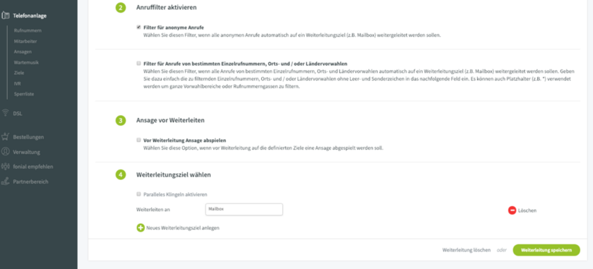 Ansicht fonial Kundenkonto Selektive Gesprächsabweisung