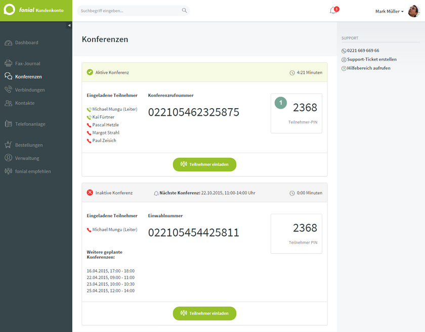 Funktionen Konferenz anmelden PIN