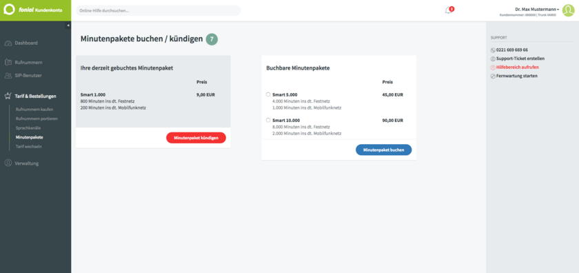 Status gebuchter Minutenpakete