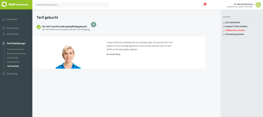 Bestätigung des Trunking Tarifwechsels