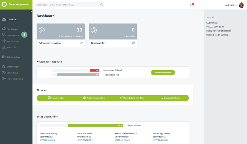 Funktionen Dashboard Konferenzen Startseite