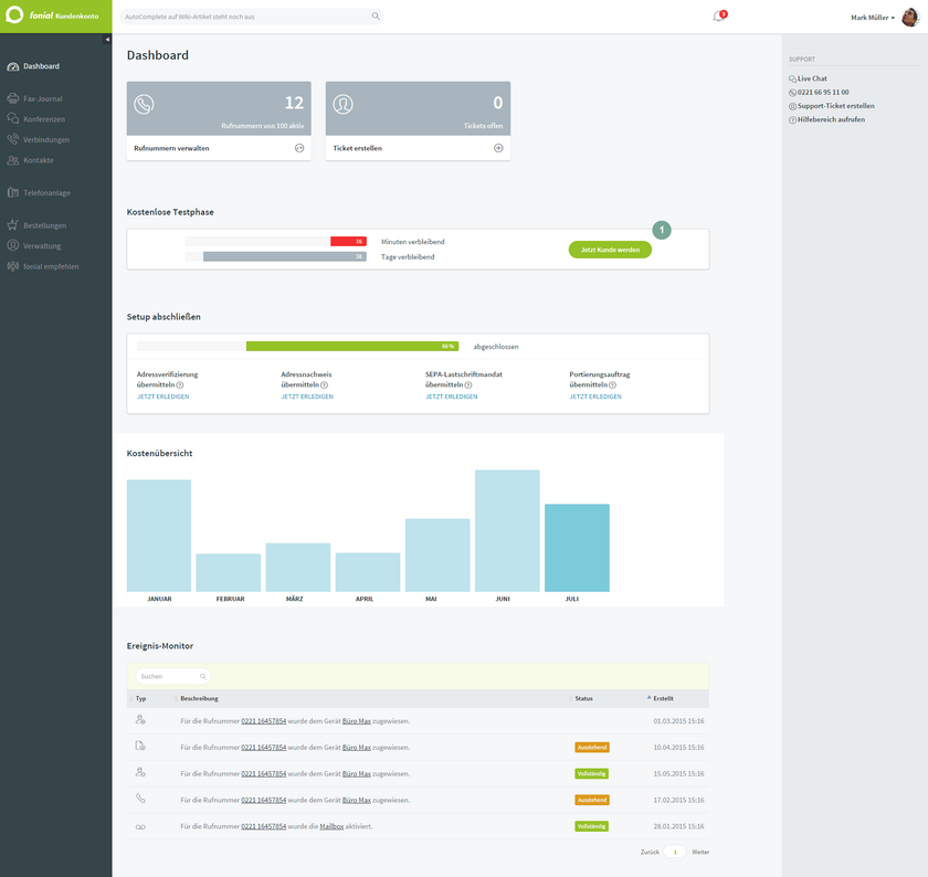 Dashboard Kostenlose Testphase