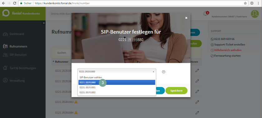 SIP-Benutzer und Rufnummern festlegen