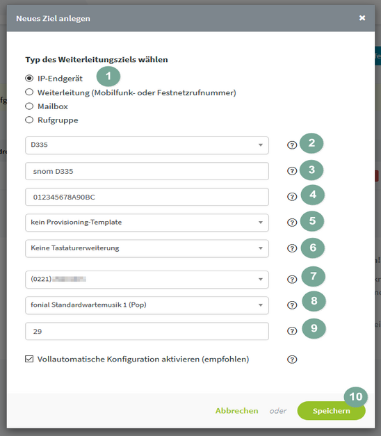 snom D335: Neues Ziel anlegen