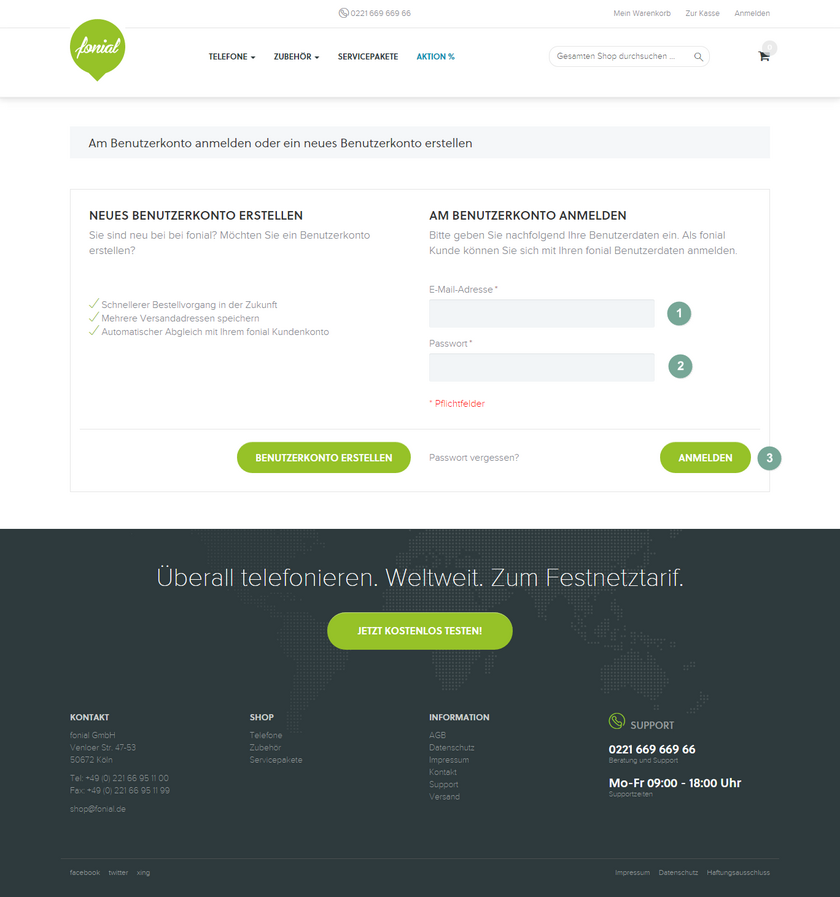 fonial Shop am Benutzerkonto anmelden