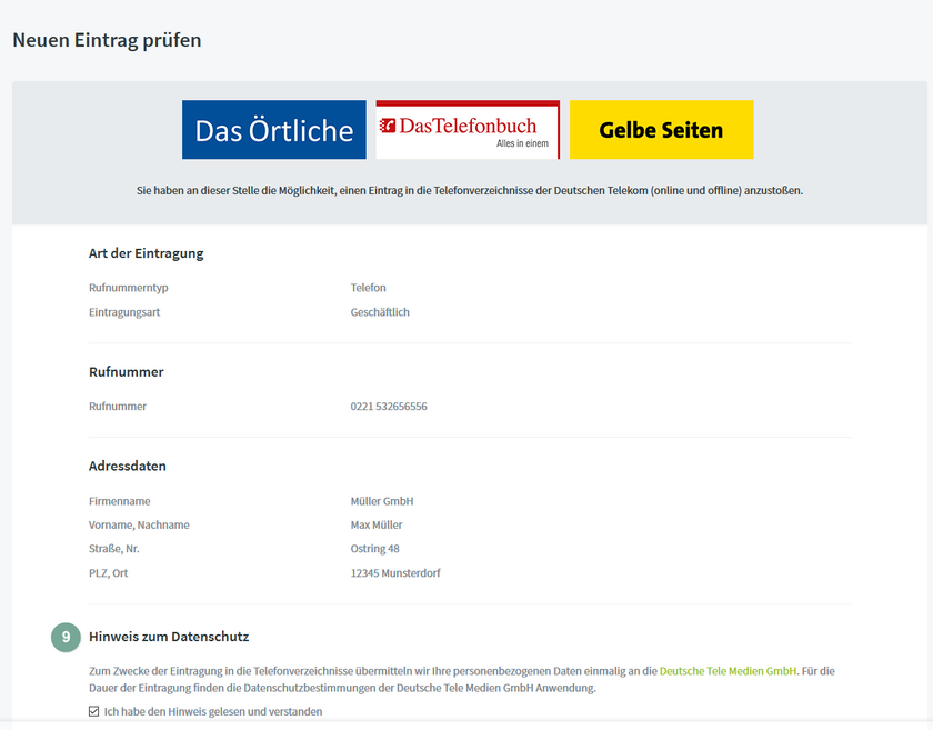 Neuen Eintrag prüfen