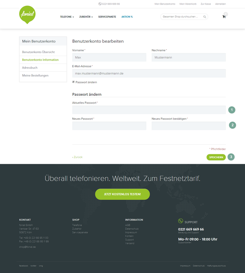 fonial Shop Benutzerkonto Passwort ändern