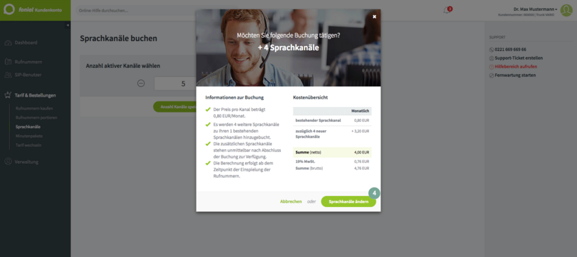 Sprachkanalbuchung bestätigen