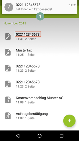 Benachrichtigung über neues Fax fonial E-Fax-App