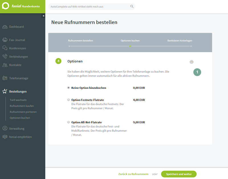 fonial Bestellung Optionen buchen