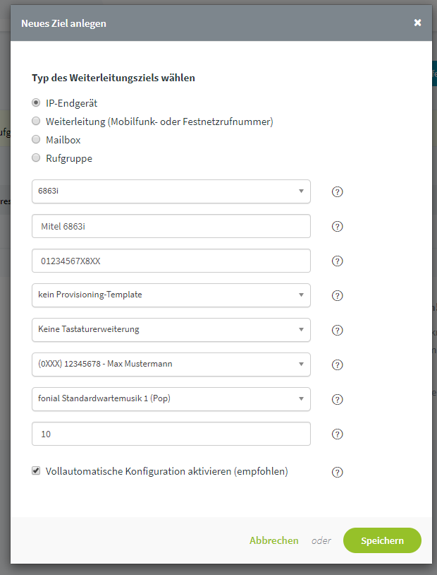 Mitel 6863i: Ziel anlegen