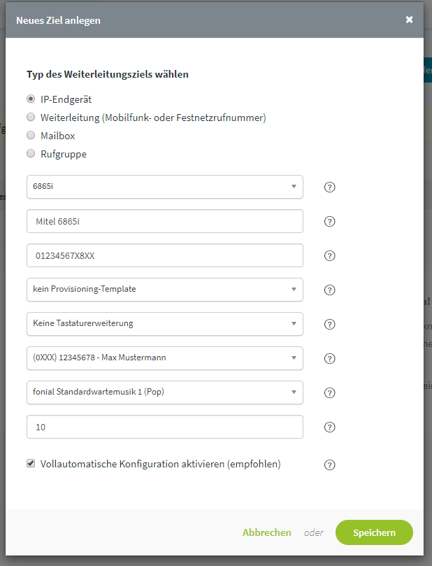 Mitel 6865i: Ziel anlegen