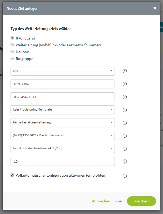 Mitel 6867i: Ziel anlegen