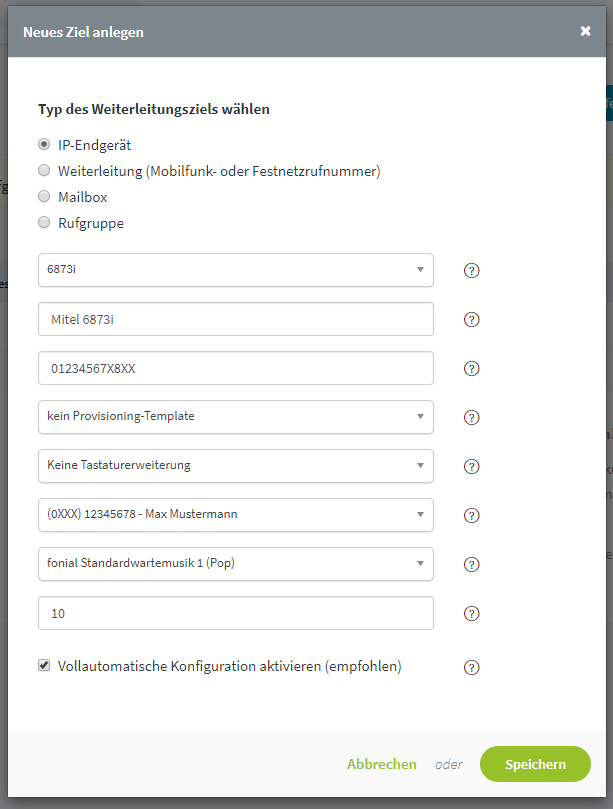Mitel 6873i: Ziel anlegen